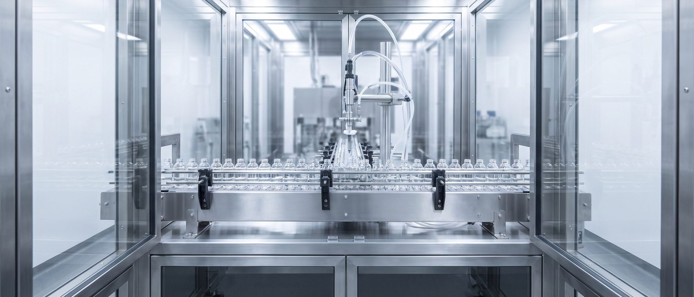 Vials advancing on a conveyor beneath a filling head inside a stainless steel isolator.